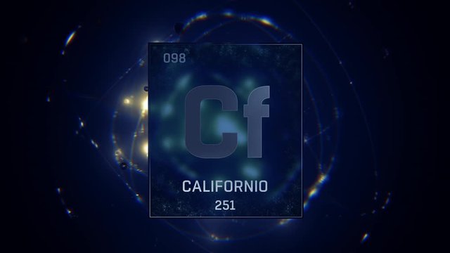 Californium as Element 98 of the Periodic Table. Seamlessly looping 3D animation on blue illuminated atom design background with orbiting electrons. Name, atomic weight, element number in Spanish lang