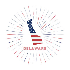 Delaware sunburst badge. The us state sign with map of Delaware with American flag. Colorful rays around the logo. Vector illustration.