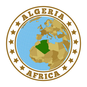 Algeria logo. Round badge of country with map of Algeria in world context. Country sticker stamp with globe map and round text. Vector illustration.