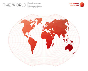 Low poly world map. Ginzburg VI projection of the world. Red Shades colored polygons. Creative vector illustration.