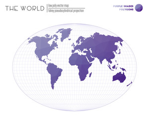 Triangular mesh of the world. Fahey pseudocylindrical projection of the world. Purple Shades colored polygons. Stylish vector illustration.