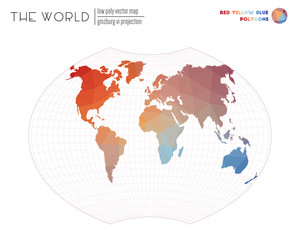 World map in polygonal style. Ginzburg VI projection of the world. Red Yellow Blue colored polygons. Awesome vector illustration.