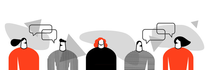 vector flat illustration of a group of people, friends, men and women, a series of talking people with chat and observation bubbles, illustration of loneliness, a distinguished person from the crowd