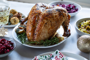 Christmas dinner with roast turkey crown and vegetables