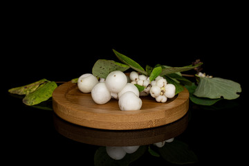 Lot of whole white snowberry with leaves on round bamboo coaster isolated on black glass
