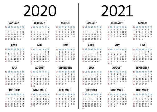 Yearly calendar 2020, 2021. Week starts from Sunday. Vector illustration