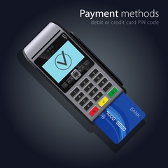 Contact Payment Method PIN code for credit or debit card in wireless POS Terminal realistic. Design concept of Hand pushing bank card in to payment terminal. Transaction approval process.