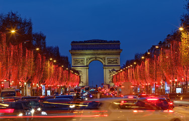 Fototapeta na wymiar The Triumphal Arch and Champs Elysees avenue illuminated for Christmas 2019 ,Paris, France.