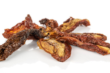 Group of seven whole dried red tomato piece flower isolated on white background