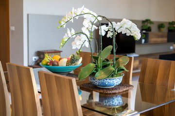Decoration on dining table with fruits and flower
