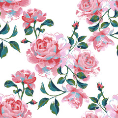 Floral seamless pattern made of gorgeous large roses. Acrilic painting with flower buds and leaves isolated on white. Botanical illustration for fabric, textile, wallpaper and surface.