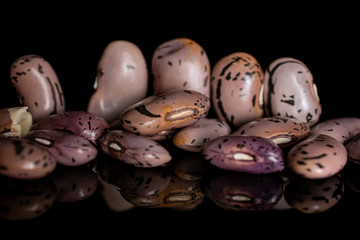 Lot of whole ripe fresh speckled bean pinto isolated on black glass