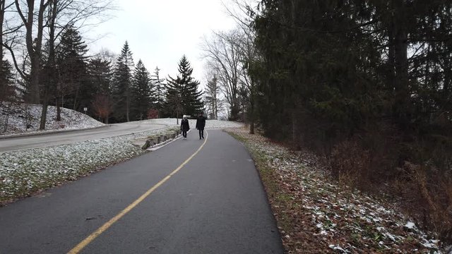 Two Older Elderly Women In Distance Going For Walk In Park Exercising First Snowfall