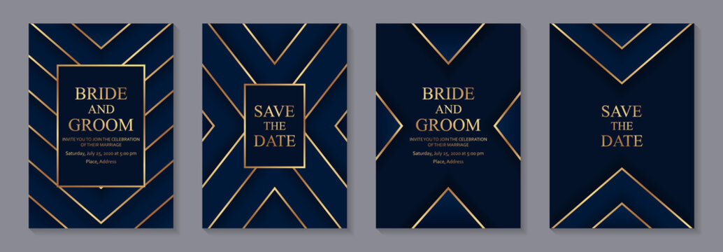 Set of modern geometric luxury wedding invitation design or card templates for business or presentation or greeting with golden lines on a navy blue background.
