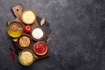 Set of various sauces. Popular sauces in bowls