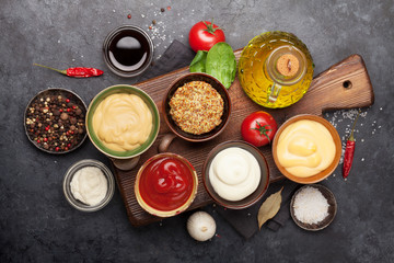 Set of various sauces. Popular sauces in bowls