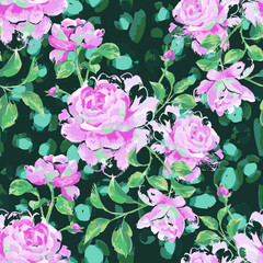 Floral seamless pattern made of gorgeous large roses. Acrilic painting with flower buds and leaves. Botanical illustration for fabric, textile, wallpaper and surface.