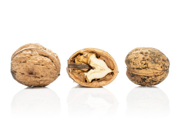 Group of two whole one half of fresh brown walnut isolated on white background