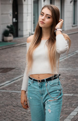 A beautiful girl traveling around the city