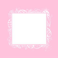 Happy Easter watercolor background, frame with eggs, leaves and snowdrops on pink background. Holiday concept. Copy space.