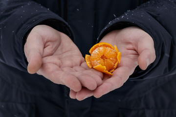 The peeled little tangerine lies on a man&rsquo;s palm, on a cloudy winter day.