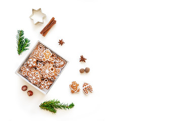 Xmas gingerbread cookies isolated on a white background. Christmas, New Year, winter concept. Christmas sweet composition. Flat lay, top view, copy space