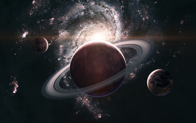 Planets in background of galaxy somewhere in deep space. Science fiction. Elements of this image furnished by NASA
