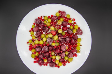 Frozen berries from the freezer. Plate with frozen cherries, currants and gooseberries. Healthy berry on a white plate.