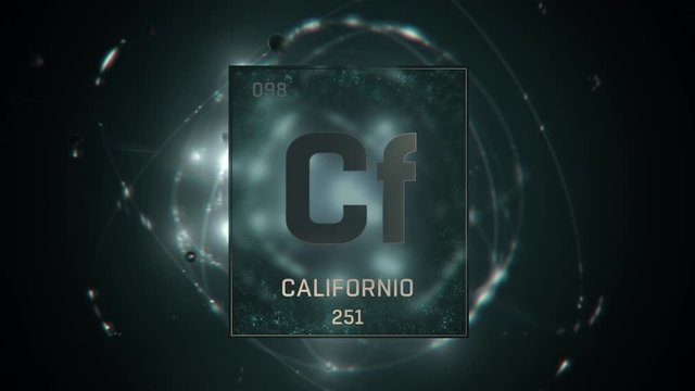 Californium as Element 98 of the Periodic Table. Seamlessly looping 3D animation on green illuminated atom design background with orbiting electrons. Name, atomic weight, element number in Spanish lan