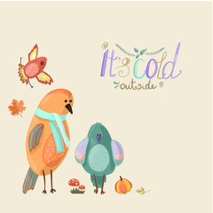 Cute birds in autumn scenery on a beige background drawn in cartoon style. Copy space.