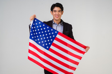Asian guy and American flag