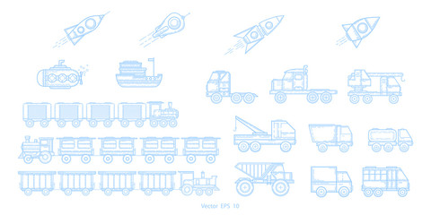 Fototapeta na wymiar Industrial transport on a white background .Delivery of goods by transport .Icons of train, truck, ship on a white background .Flying rockets .Vector illustration .