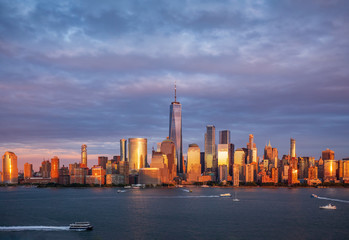 View of Manhattan skyline at sunset, New York City, USA