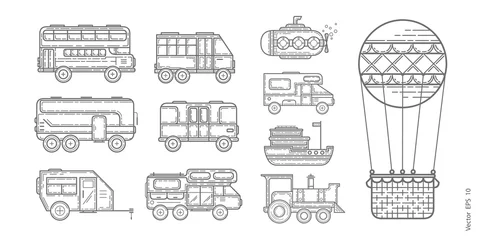 Fototapeten Transport icons on a white background .Bus, car, train for travel .House on wheels .Set vector line icons in flat design transport .Vector illustration © Aliaksandr