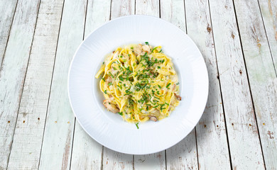 Tagliatelle with chicken and mushrooms.