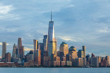 View of Manhattan skyline at sunset, New York City, USA