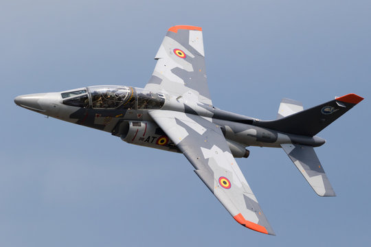 FLORENNES, BELGIUM - JUN 15, 2017: Belgian Air Force Alpha Jet trainer jet flying by over Florennes Airbase.