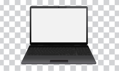 Realistic dark laptop mock up. Isometric front view with keyboard and blank screen.