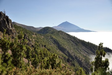 Fototapeta na wymiar Teide Volcano in Tenerife Panorama with blue sky and clouds. view from afar with forest 