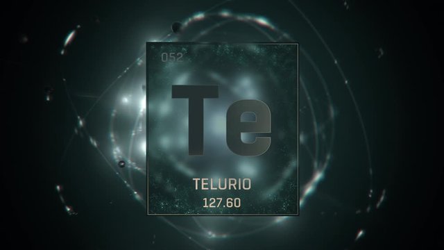 Tellurium as Element 52 of the Periodic Table. Seamlessly looping 3D animation on green illuminated atom design background with orbiting electrons. Name, atomic weight, element number in Spanish langu
