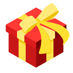 Isometric icon red gift box with a yellow ribbon and bow isolated on white background. Vector illustration