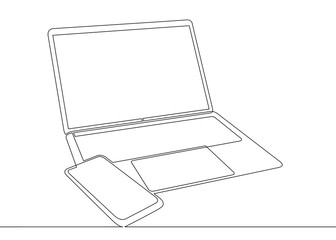 One continuous single drawn line art doodle computer mobile device laptop - obrazy, fototapety, plakaty