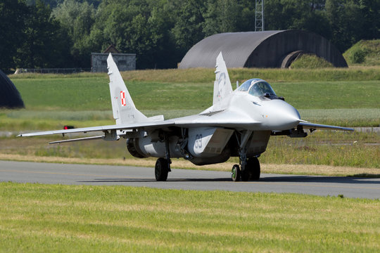 FLORENNES, BELGIUM - JUN 15, 2017: Polish Air Force MiG-29 Fulcrum fighter jet taxiing towards the runway.