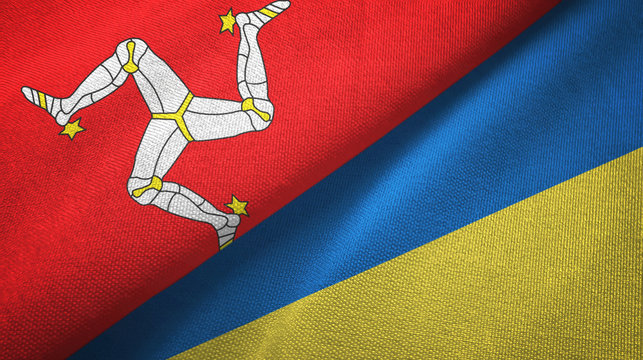 Isle of Mann and Ukraine two flags textile cloth, fabric texture