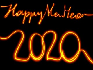 happy new year 2020 fire neon sign on black background
