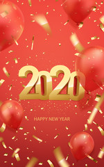 Happy new year 2020 poster. Golden 3D numbers on a red background with golden confetti and balloons. Vector illustration.