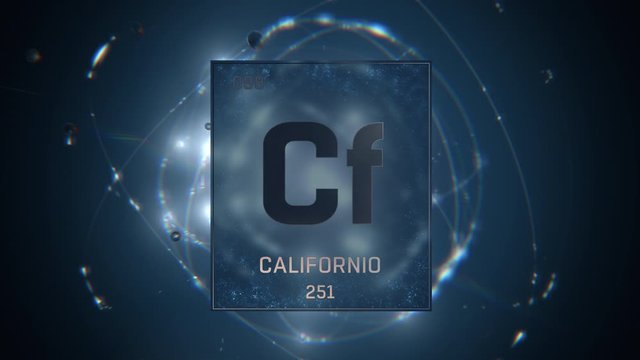 Californium as Element 98 of the Periodic Table. Seamlessly looping 3D animation on blue illuminated atom design background with orbiting electrons. Name, atomic weight, element number in Spanish lang