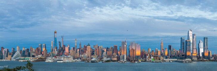 View of Manhattan skyline at sunset, New York City, United States