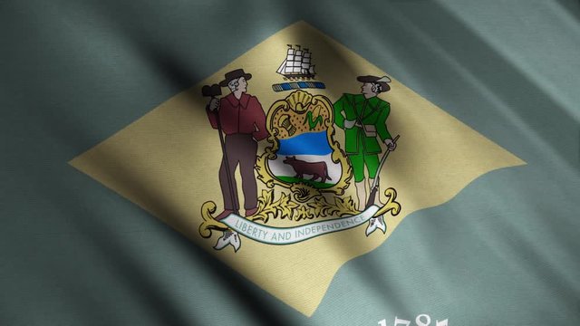 Close-up of flying flag of Delaware. Animation. Animated background with blue flag waving in wind with rhombus and image of state emblem. Flags of States of America