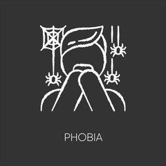 Phobia chalk icon. Fear of spiders. Arachnophobia. Frightened person, terrified man. Horror. Panic attack. Anxiety and distress. Psychotherapy. Mental disorder. Isolated vector chalkboard illustration